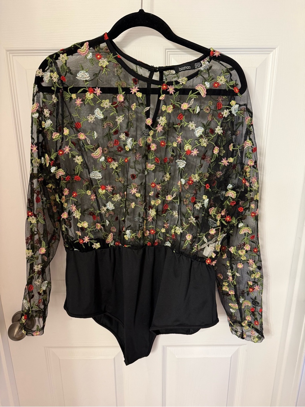 Boohoo Black Sheer Floral Embroidered Long Sleeve Bodysuit size 20